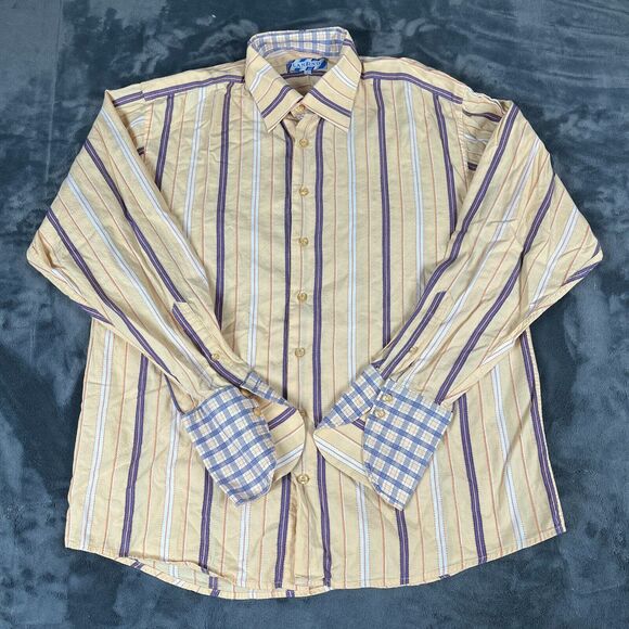 Lanzino Mens Button Front Shirt Yellow Stripe Long Sleeve Flip Cuff Sz Large - Picture 2 of 7